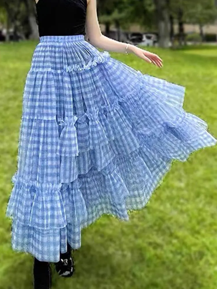 Heavy-duty women's new plaid mesh dress elastic waist ruffled hem half-length fashion A-line skirt irregular fluffy cake skirt
