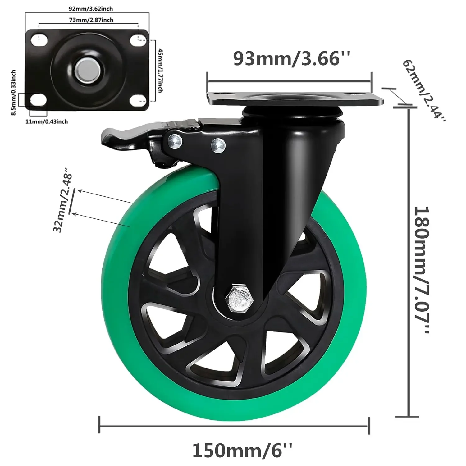 Inch Caster Wheels, Casters Set of 4 Heavy Duty, BZOLIHEU Locking Casters, Silent Top Plate Swivel Casters with Brake, Polyure