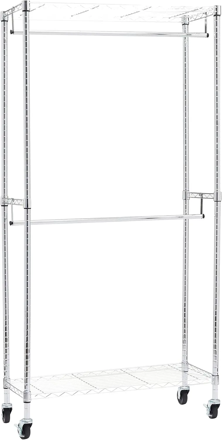 

Adjustable Clothes Rack for Handing, Double Hanging Rod Garment Rolling Closet Clothing Organizer, Chrome, 36'' x 14'' x 72''