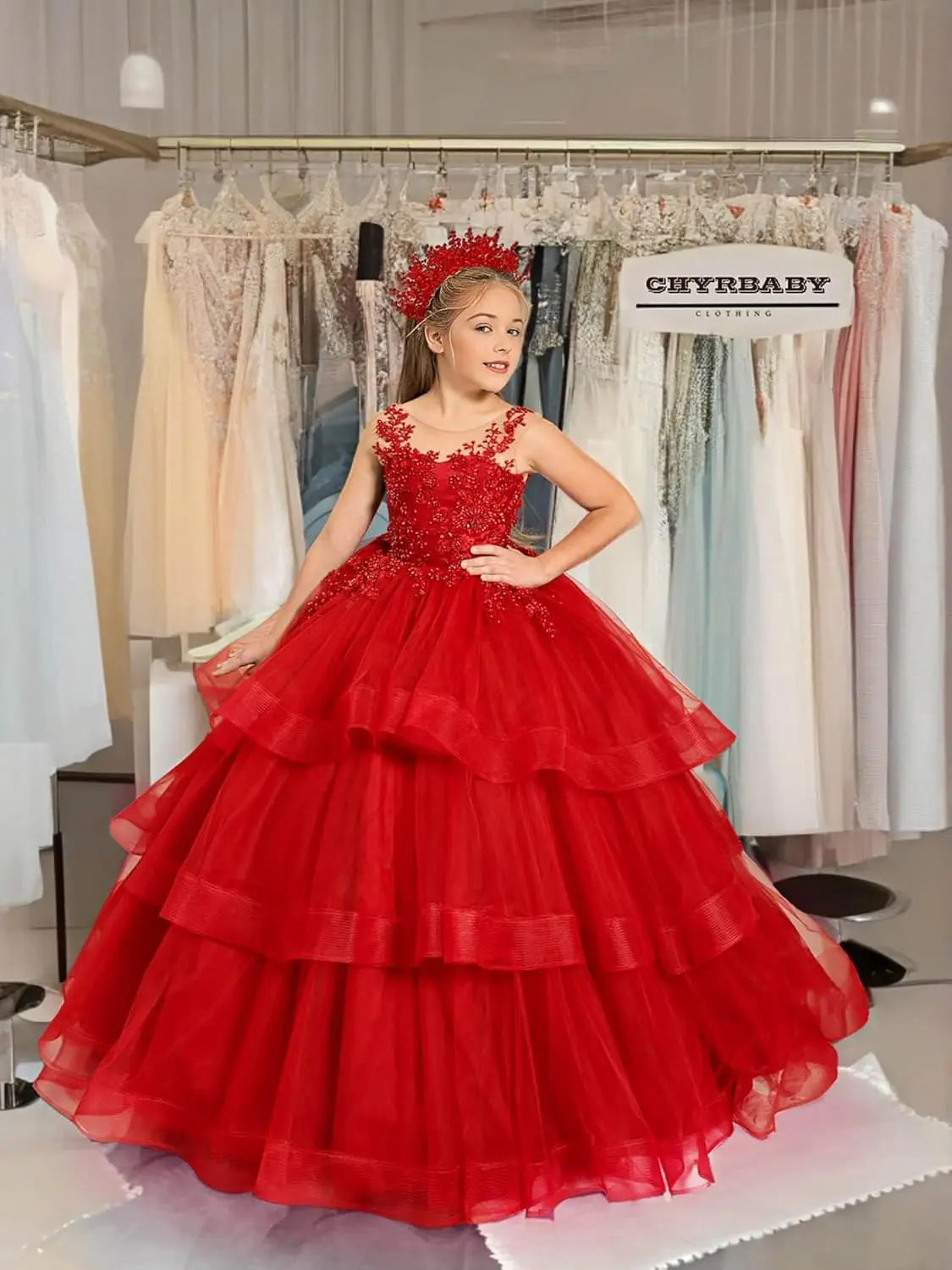 Gaun Pesta Anak Perempuan Model Ball Gown Berlapis Tulle dengan Motif Bunga Gaun Pernikahan Elegan Gaun Pengiring Pengantin untuk Acara Spesial