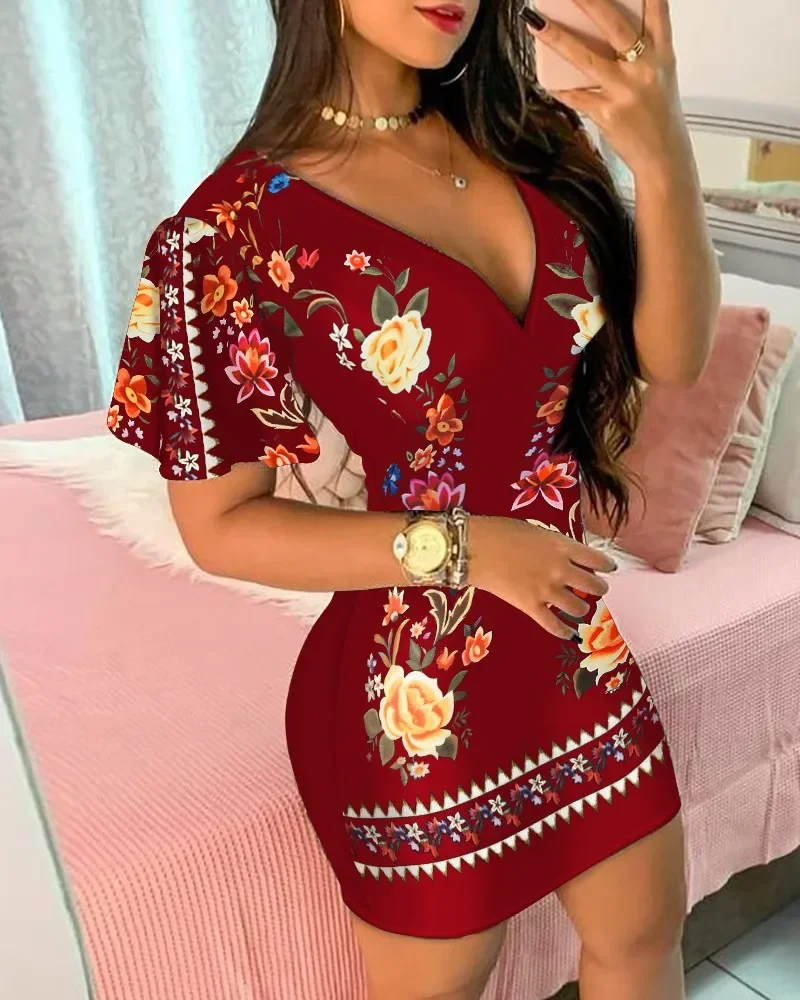 Fashion Women Ruffles Sleeve V-neck Bodycon Dresses Summer Short Sleeve Floral Print Mini Dress Evening Dresses Clubwear