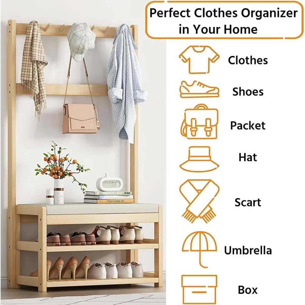 Coat Rack Shoe Bench, Entryway Hall Tree with 10 Hooks and 2-Tier Shoe Storage Bench, Wood Coat Hat Stand Rod Storage Organizer