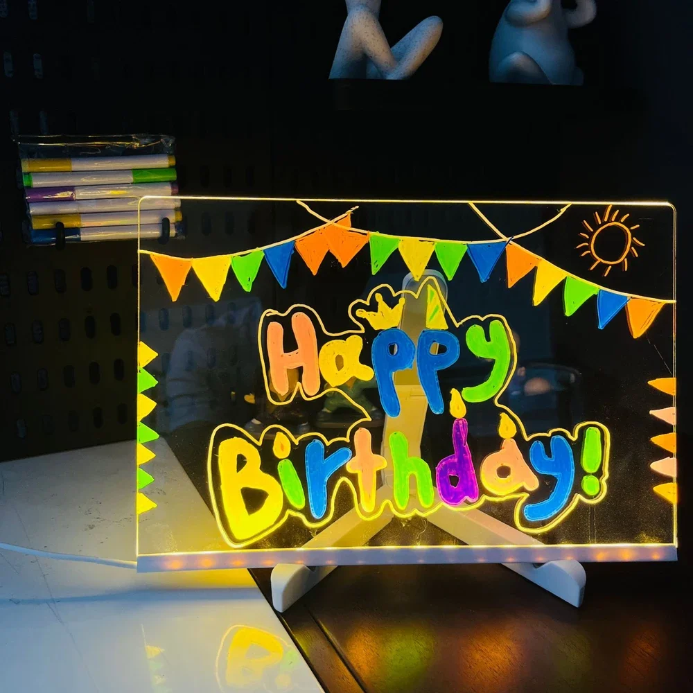 LED Note Board Night Light With Colorful 7 Pens DIY Acrylic Message Board Erasable Painting Drawing Board For Kids Birthday Gift