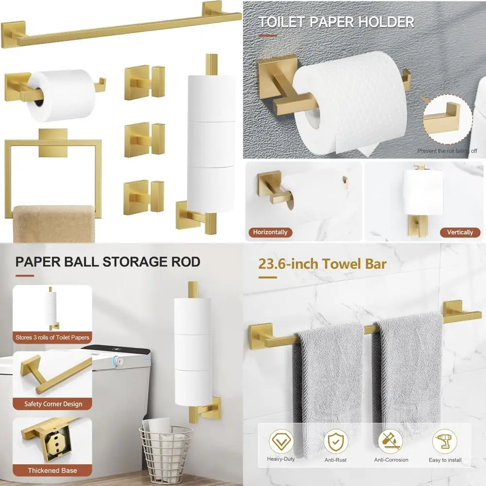 

Bathroom Hardware Accessories Set - Brushed Gold Towel Bar and Toilet Paper Holder with Spare Rolls, 7-Piece, 23.6 SUS304 Stainl