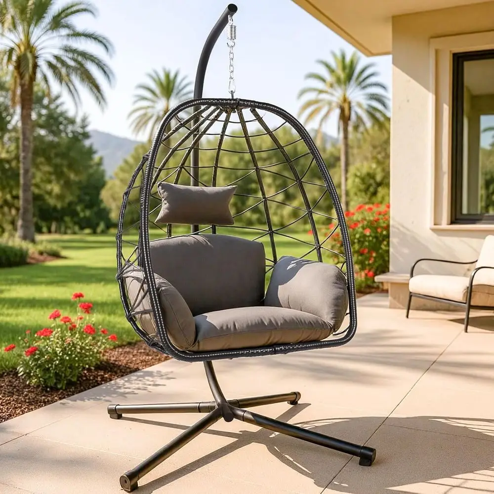 

Outdoor Wicker Hanging Egg Chair with Cushion - Grey, Ideal for Patio, Garden, Balcony