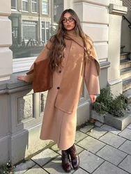 2024 Chic Double-breasted Scarf Collar Woolen Overcoat Women Elegant Solid Oversized Long Sleeve Coat New Popular Lady Outerwear