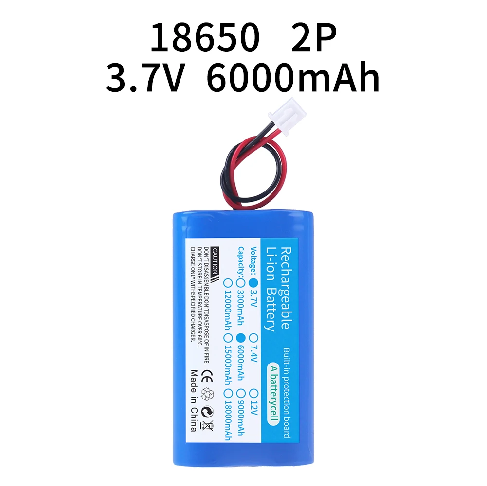 Lithium Battery 3.7V 18650 with XH2.54-2P Plug 3000/6000/12000mAh Rechargeable battery For Fishing LED Light Bluetooth Speaker