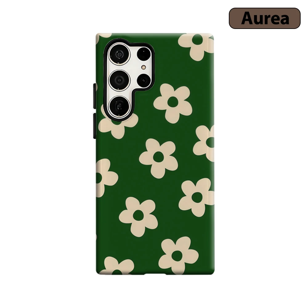 Vintage Grünes Blumenmuster Handyhülle für Samsung Galaxy S25 Ultra S24 S23 Ultra Plus Stoßfeste Doppelschicht Robuste Rückabdeckung