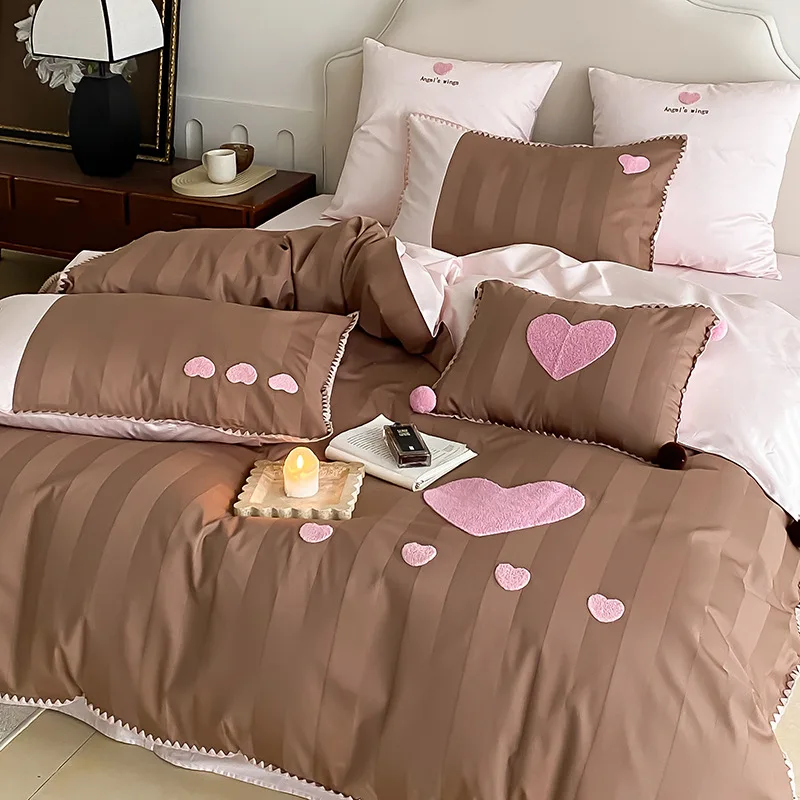 Pure Cotton 100S High Count Long Staple Cotton Jacquard Four Piece Set with Love Embroidered Quilt Cover Soft Bedding