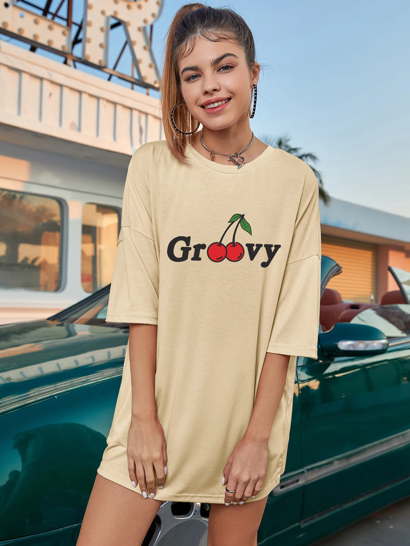 

colored groovy cherry oversized tshirt funny women graphic tee shirt