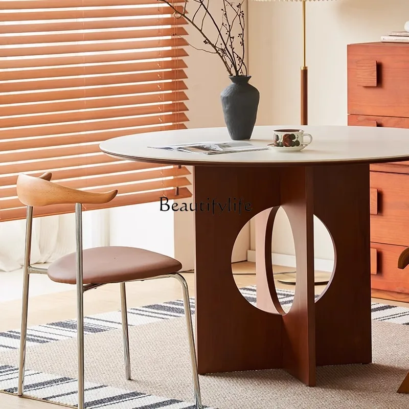 01Retro round dining table rock slab small apartment solid wood walnut dining table
