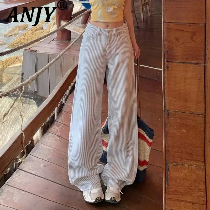 

ANJY Spring Autumn New Women Stylish American Style Striped Niche Loose Jeans Tide Fashion Versatile Wide-Leg Denim Pants A23058