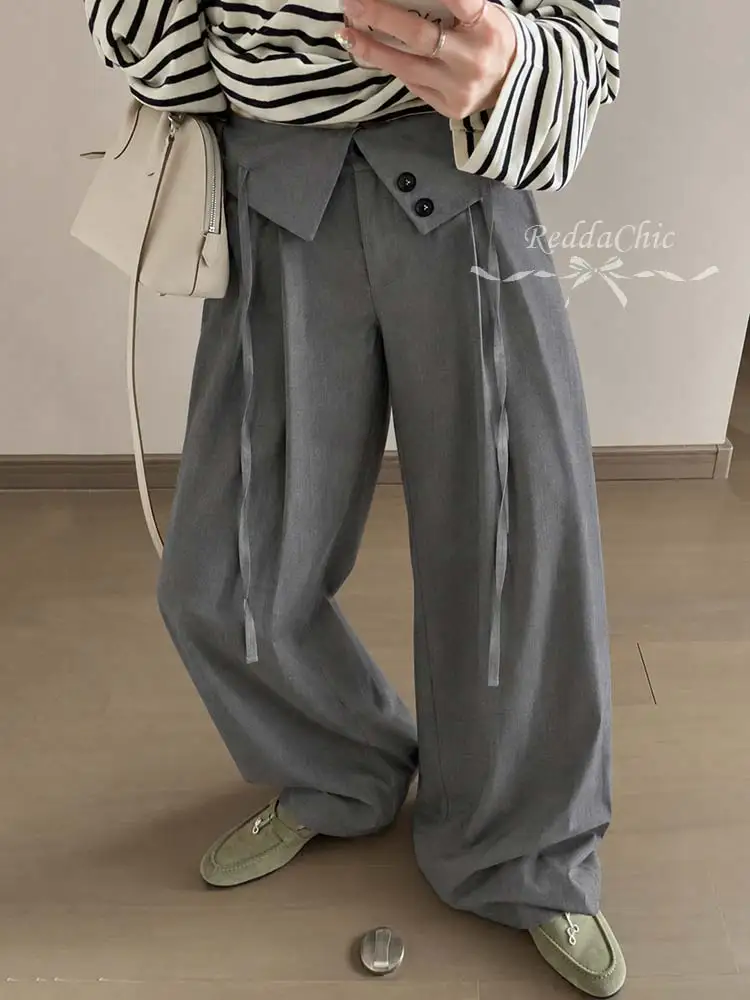 ReddaChic Women Pleated Front Gray Suit Trousers Versatile Cleanfit Solid Fold Over Waist Baggy Dress Pants Lounge Everyday Wear