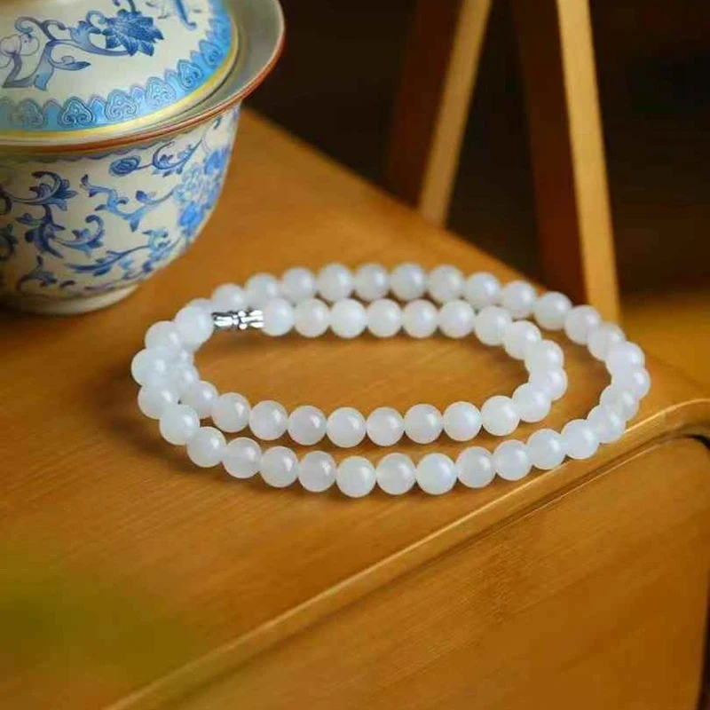 

necklace made of natural Hetian , Qinghai material, sheep fat grade white jade plain beads