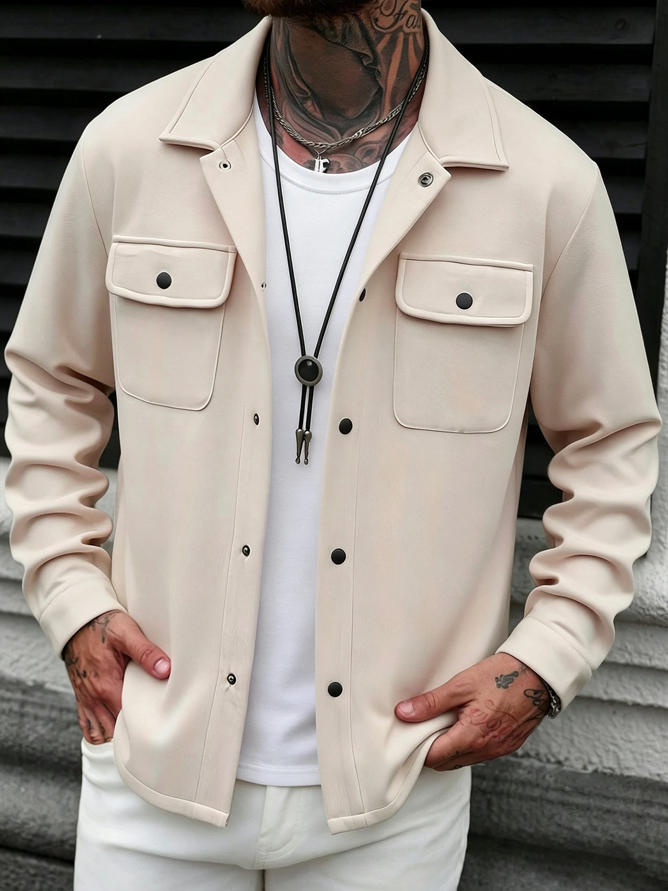 Men's Spring and Autumn Drapey Solid Color Work Shirt Jacket, Off-White Lapel with Symmetrical Patch Pockets, Black Buttons, Loose Fit Jacket, Casual Layering Versatile Top for Young and Middle-Aged Men
