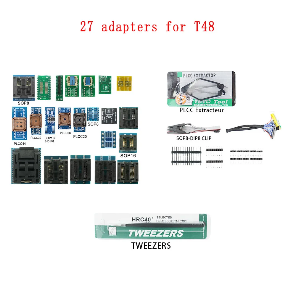 Original XGECU Adapters for T48 (TL866-3G) Programmer Full Kit + 39 Sockets SOP8/SOP16/PLCC Extracteur/PLCC32/PLCC44/PLCC20