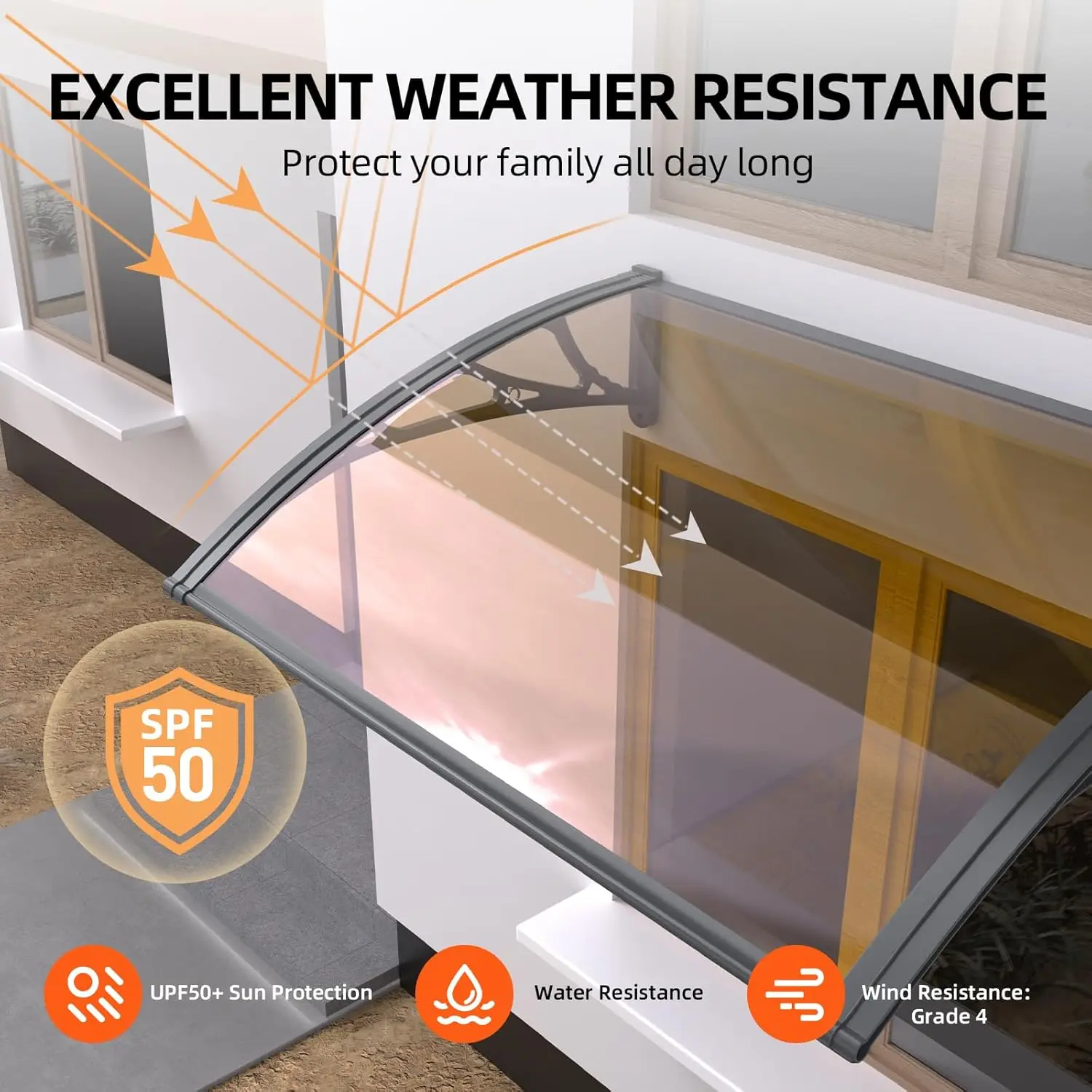 Window Door Awning Canopy Polycarbonate Cover Patio Door UV Rain Snow Sunlight Protection Solid Sheet Black Bracket