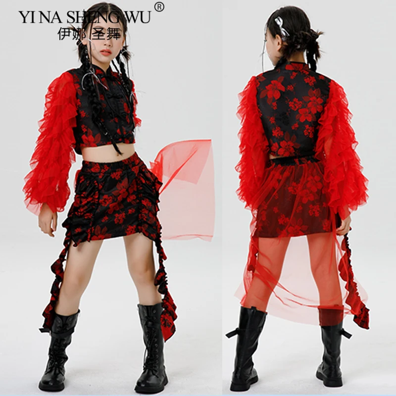 أطفال الهيب هوب ملابس رقص الفتيات K-Pop الجاز شارع الرقص مرحلة الزي تنورة حمراء دعوى أداء ارتداء الأطفال ملابس الرقص #2