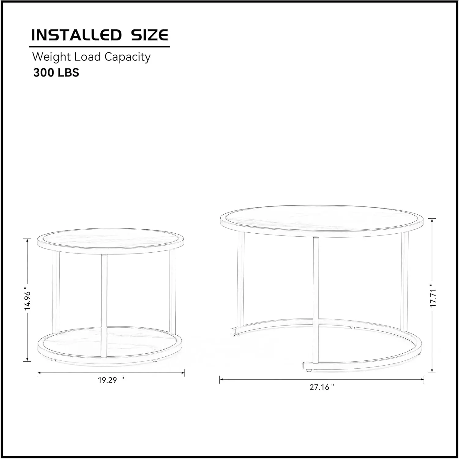 Mesa De Ninhos De Mármore Redonda Para Sala De Estar, Conjunto De 2, Tampo De Madeira De Mármore e Moldura De Metal, Moldura Preta