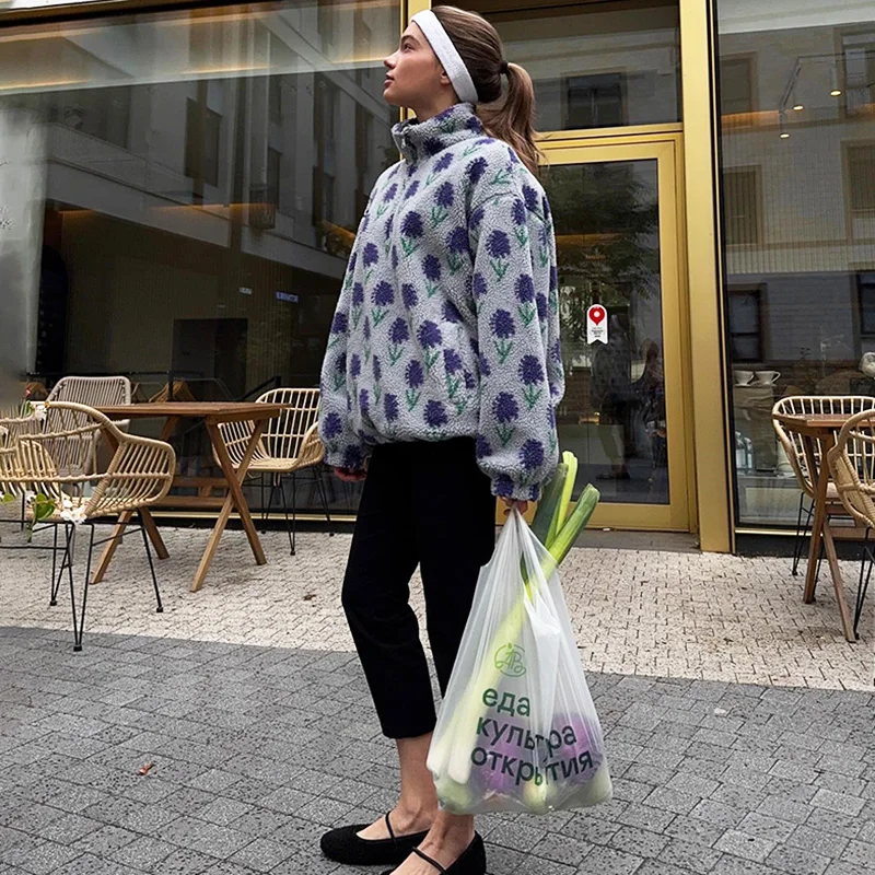 Ticketsx المرأة المطبوعة فرو الضأن هوديس خمر أزياء الأزهار التباين فضفاض البلوز خريف شتاء عارضة الشارع مكتب هوديس #4