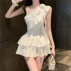 Summer Pure Desire Auricularia Auricula Edge Asymmetrical Sling Solid Color Comfortable Lively Half Length Skirt Two Piece Set