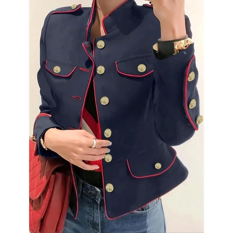 

Women's Fashion Jacket Stand Collar Button down Spring Autumn Winter Seasonal Four-Button Design No Brand Registered Trademark