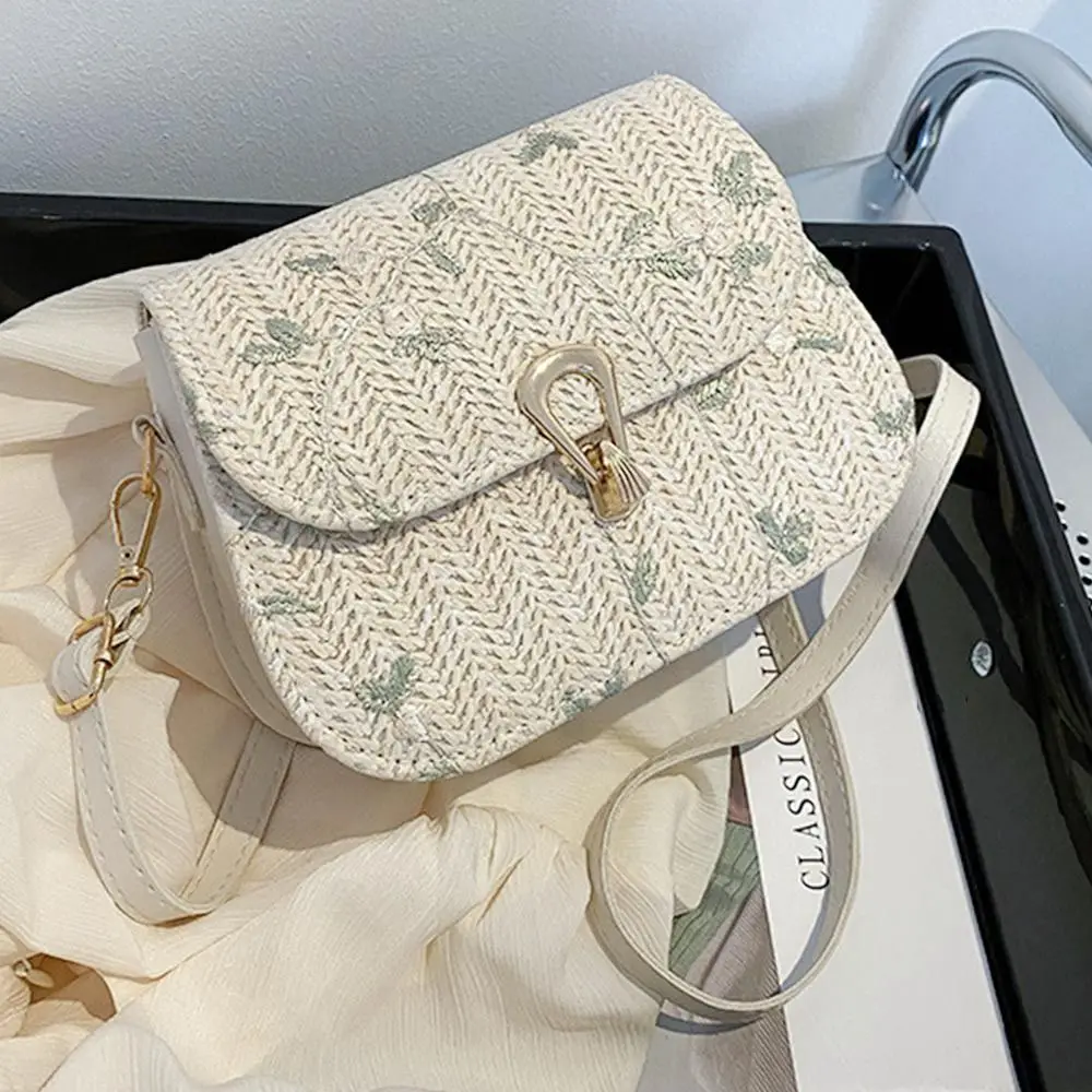 Fashion Flower Woven Saddle Bag Women Cute Straw Shoulder Bags Trendy Casual Handbag Ladies Lace Embroidery Crossbody Bags