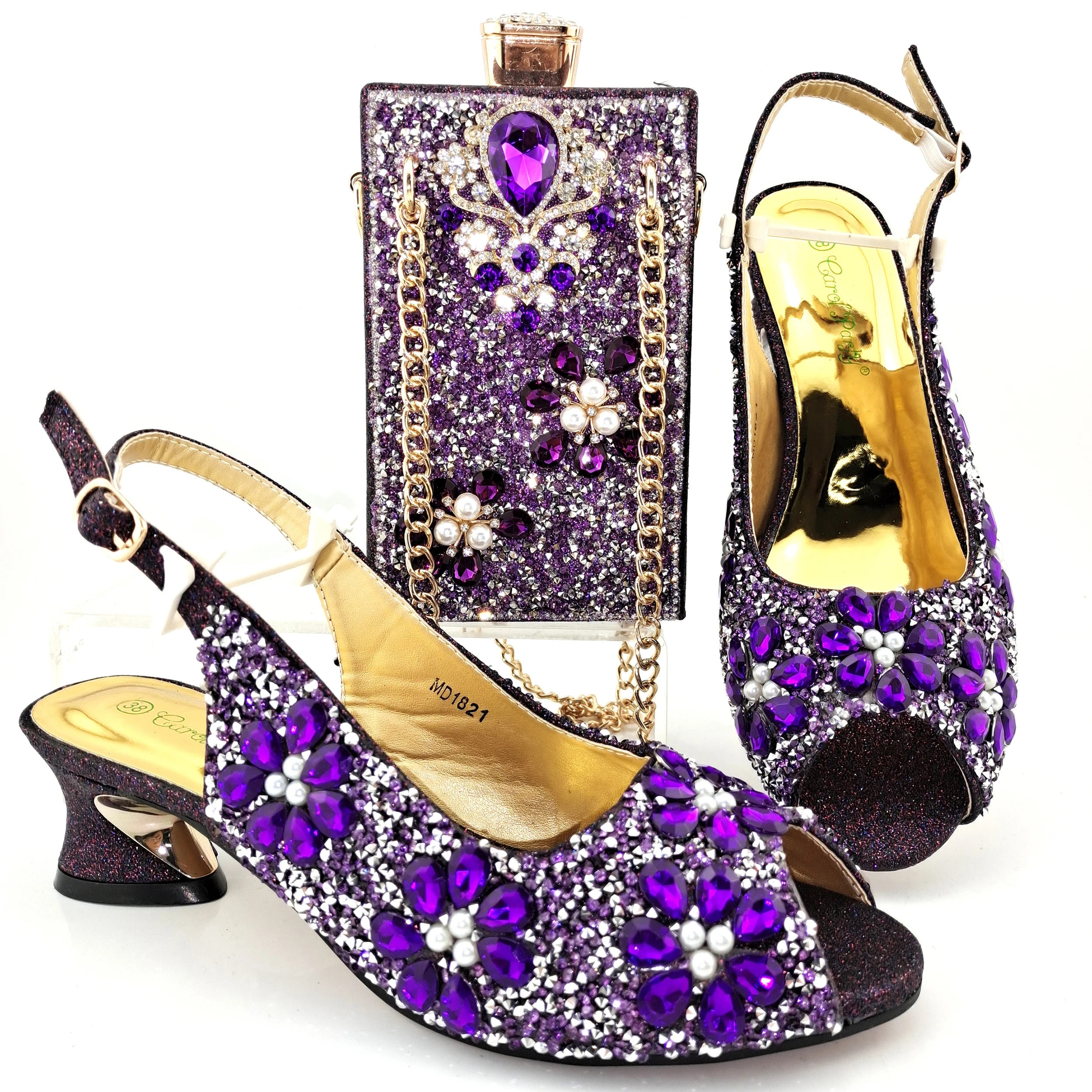 QSGFC Hot Selling Party Wedding Purple Color Women Shoes and Bag Set with Shiny Retro Alloy Mosaic Rhinestone Accessories