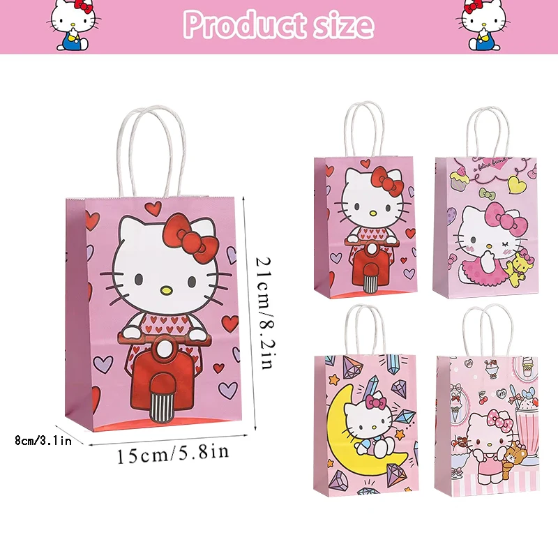 12pcs Hello Kitty Kraft Gift Bags with Handles Pink Kitty Themed Party Paper Favor Bag Baby Shower Kid Birthday Party Decoration