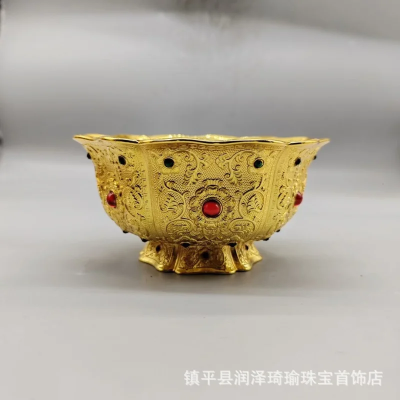 Qing Dynasty Six-Petal Lace Pattern Gilding Copper Bowl Handmade Inlaid Gem Exquisite Retro Artwork Ornaments