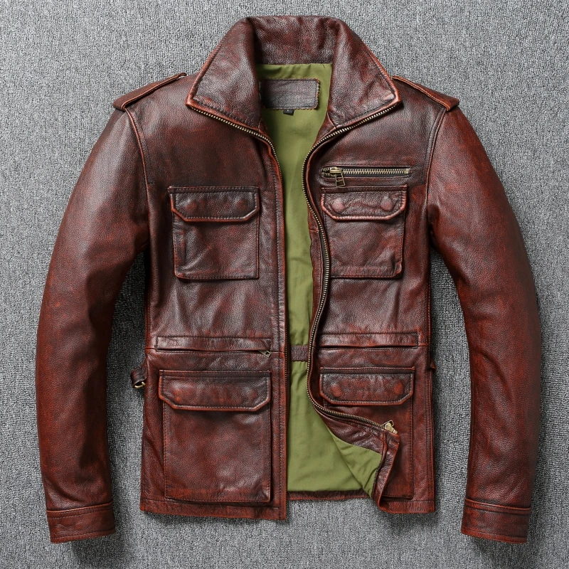

Vintage Reddish Brown Heavyweight Long Top-Grain Cowhide Leather Jacket for Men