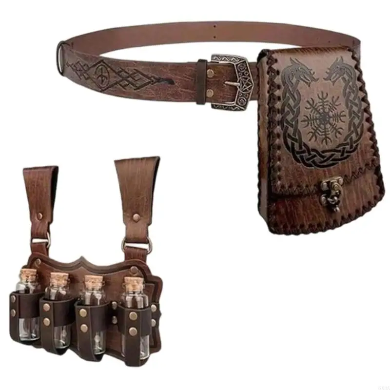 Embossed Costume Waist Bag Set, Adult Belt Accessory With PU Look and Metal Hardware for Theme Party Costume Wear 6XDA