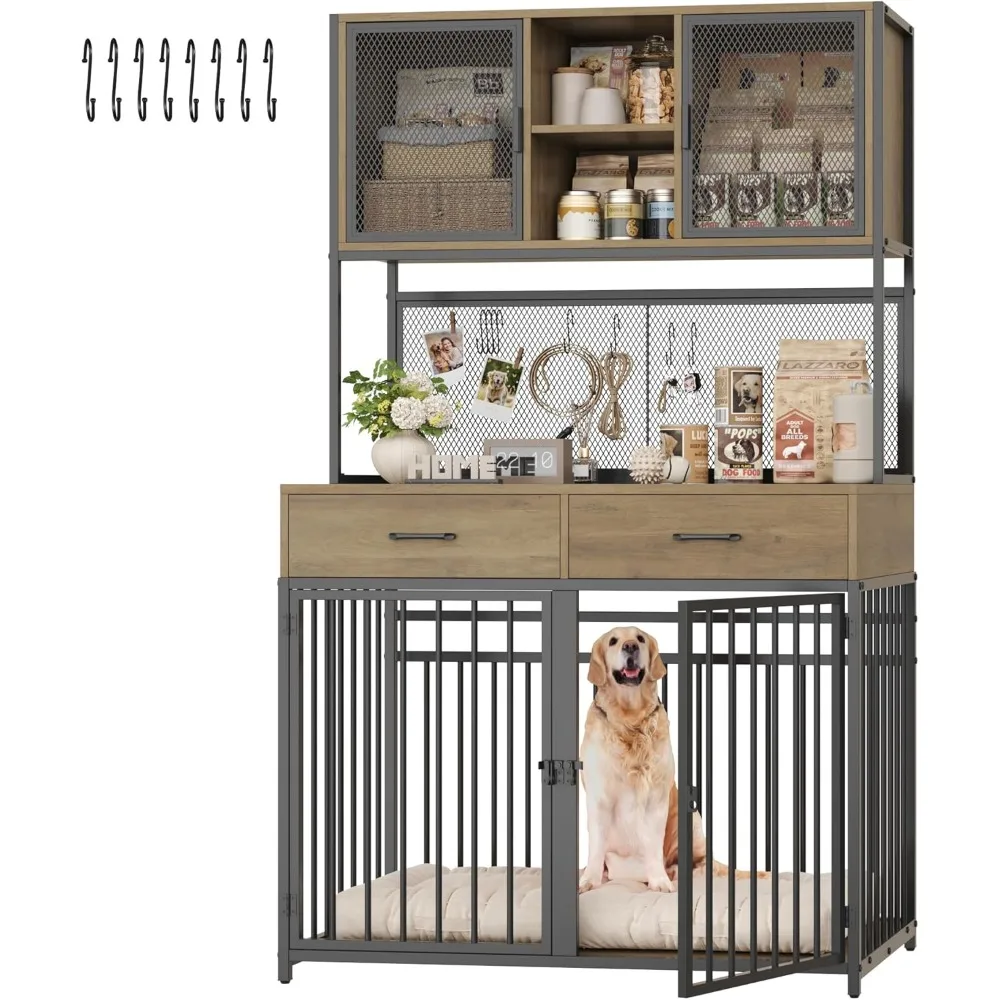 

HITHOS 71 Tall Dog Crate Furniture, Indoor Kennel with Hutch, 42 W Cage for Large/Medium Dogs, Wooden Dog Crates with Two Stands