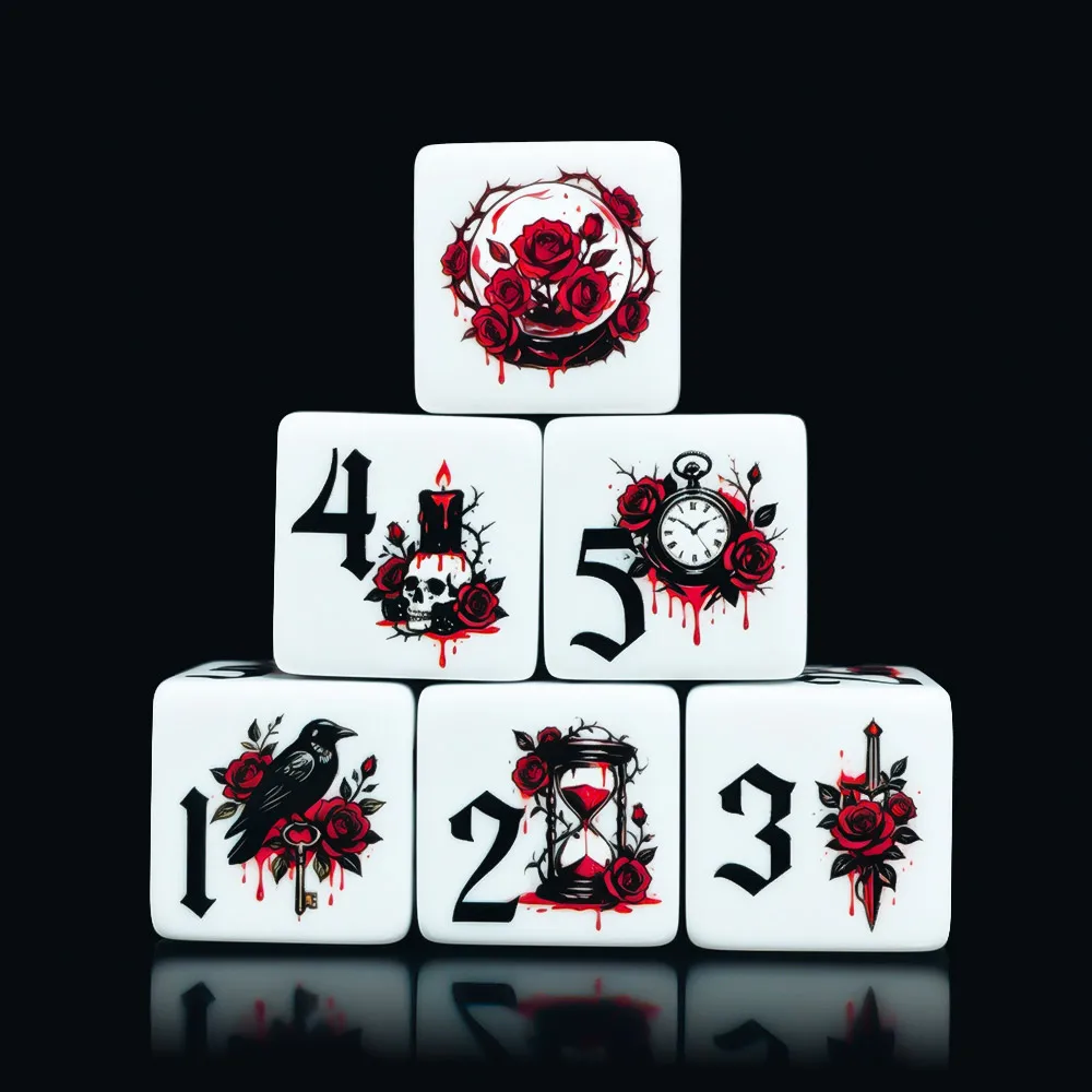 12Pcs Gothic Rose 16MM Printed D6 Acrylic Dice, White Six Sided Dice With Blood Rose, Raven, Skull Pattern, Tabletop Board Game view 2