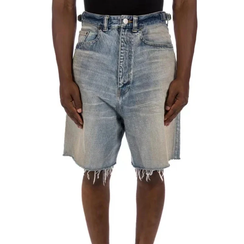 

Distressed Raw Edge Washed Blue Denim Shorts for Men Wide Leg Baggy Casual Jeans Knee Length Pants Oversized Summer Cargo Short