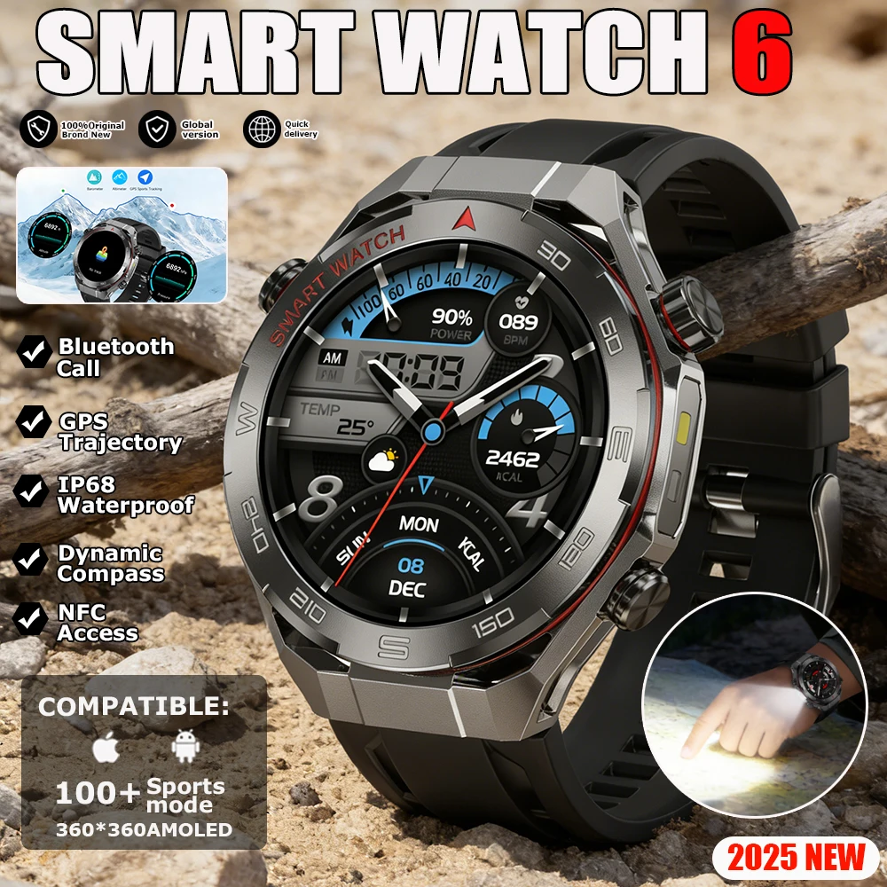 

Смарт-часы 2026 Watch 6 Pro с GPS, компасом, AMOLED-экраном 360*360, NFC, Bluetooth-звонками, водонепроницаемые, с мониторингом здоровья, для мужчин