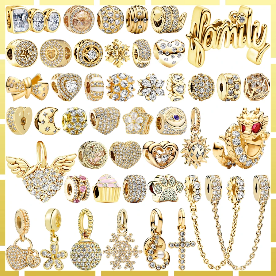 

DIY женские ювелирные изделия, подарки, сверкающая золотая серия, защитная цепочка, зажим, дракон, снежинка, крест, сердца, очаровательные бусины, подходят для оригинальных браслетов