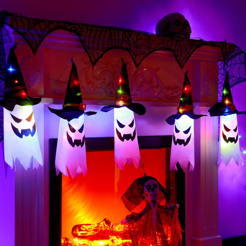 Luz LED intermitente para Halloween, lámpara colgante de fantasma, sombrero de mago brillante, accesorios de terror, decoración de Bar y hogar