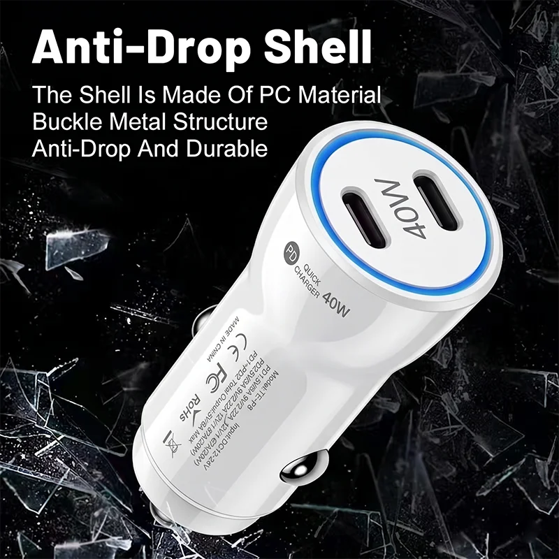 40W PD Car Charger Dual C Ports with Cool Blue LED Ring Ultra-compact Mini Car Phone Charger For Fast Multi-device Charging view 3