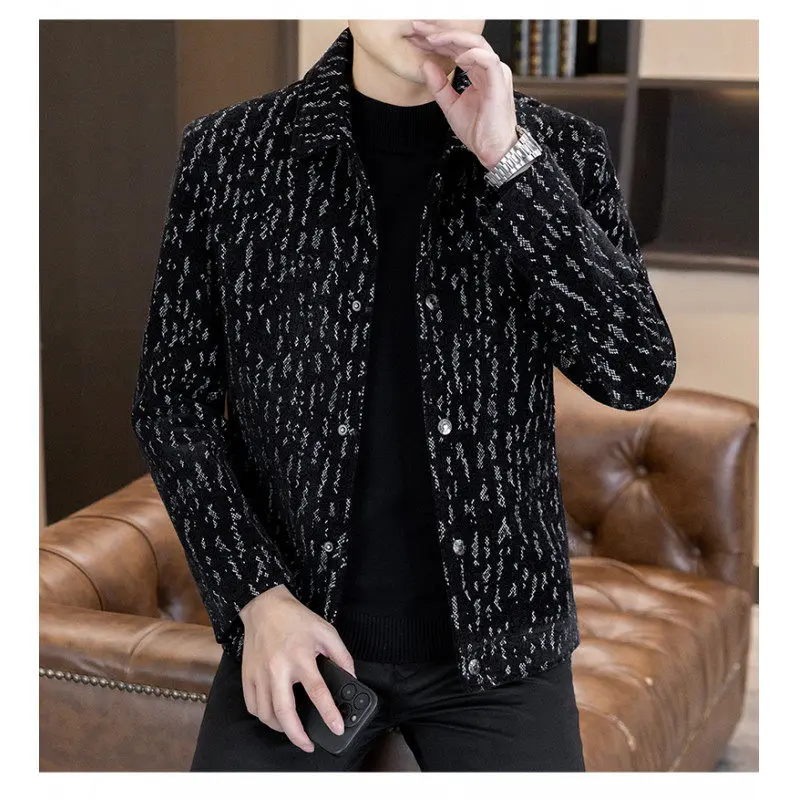 

Thiened Fce Long Sve Turn-down Collar Faion Busin Jaet for Men Floral Print Autumn Winter Outerwear Coat