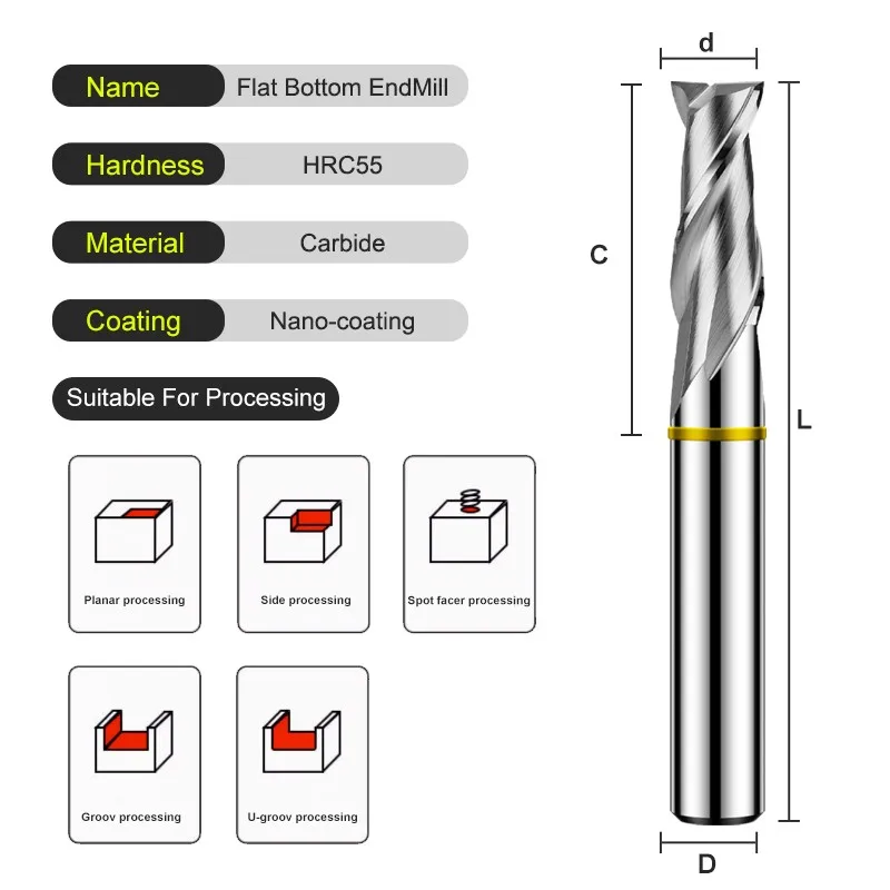 AZZKOR Tungsten Steel Carbide For Aluminu Milling Cutter 2F Color-Ring Coating CNC Mechanical Flat Bottom Endmills TGY-HRC55