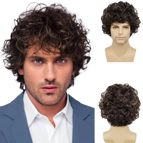 Peluca Afro para hombre, pelucas cortas sintéticas para hombre, pelo rizado esponjoso Natural, peluca masculina marrón transpirable resistente al calor para uso diario con flequillo