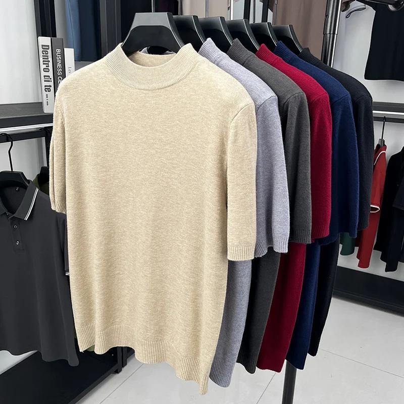 Herren Einfarbige Mock-Neck Kurzarm-Strick-T-Shirts Lässige Basis-Oberteile Weich Dehnbar Knitterfrei Für Alle Jahreszeiten Geeignet – Detail 26