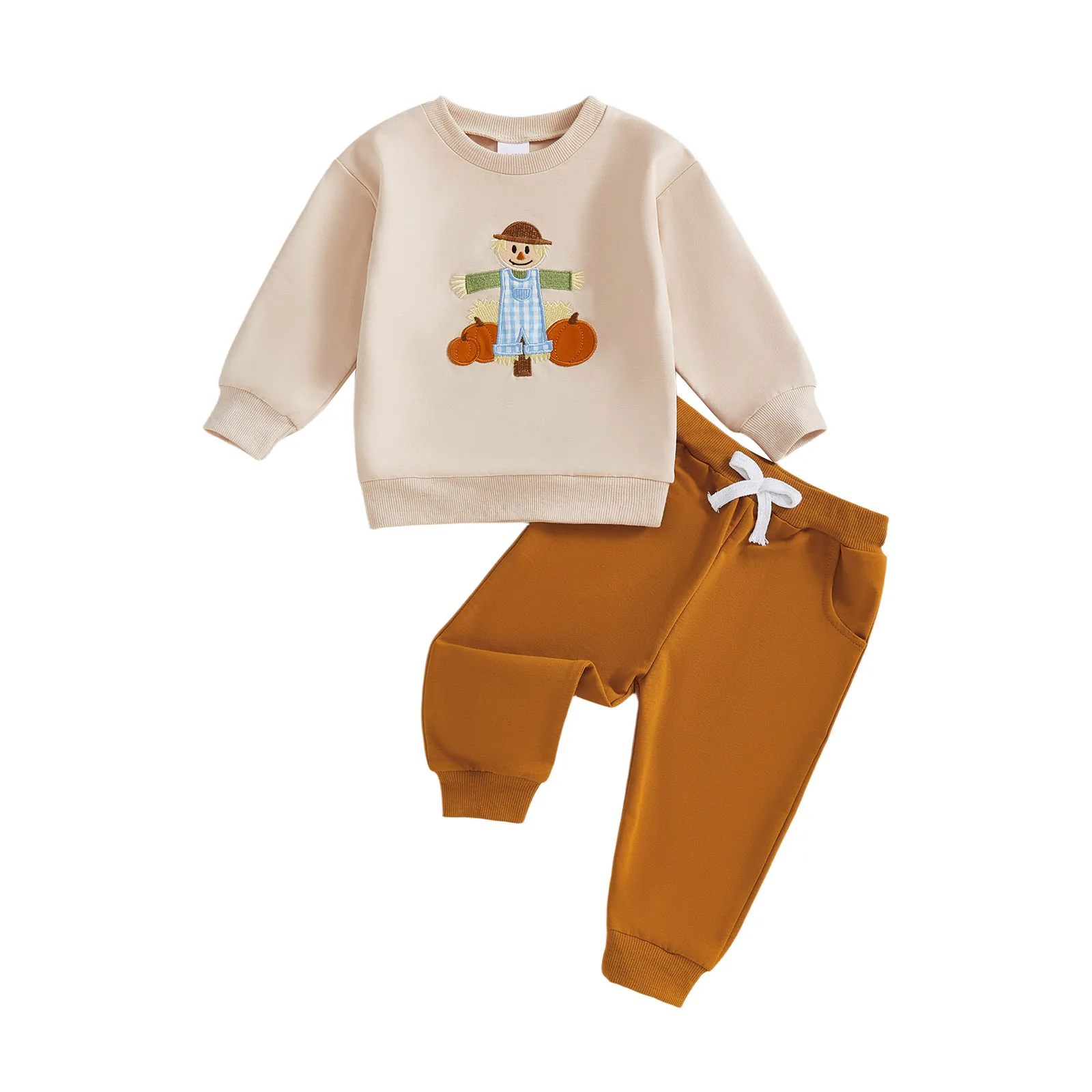 

Toddler Baby Boy Fall Outfit Scarecrow Embroideried Crew Neck Long Sleeve Sweatshirt with Pants 2 Pcs Set