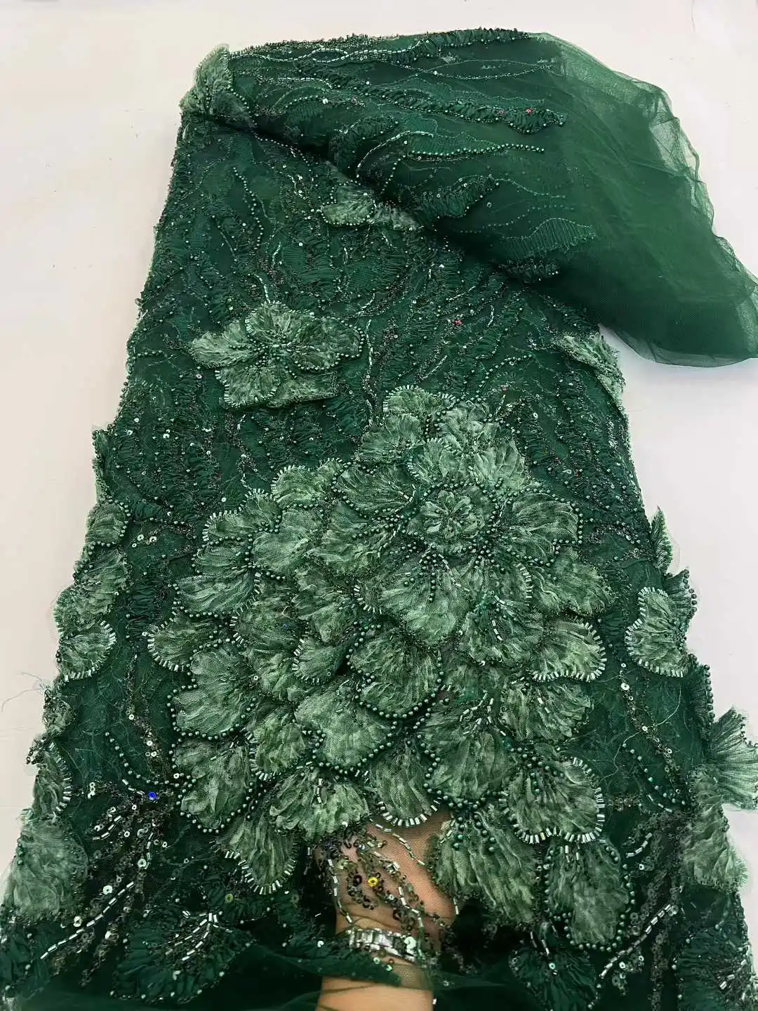 

3D Lace 5 Yards Luxury African Lace High Quality Dubai Sequence Mesh Material Bridal Beaded Lace Fabric For Wedding Dress Sewing