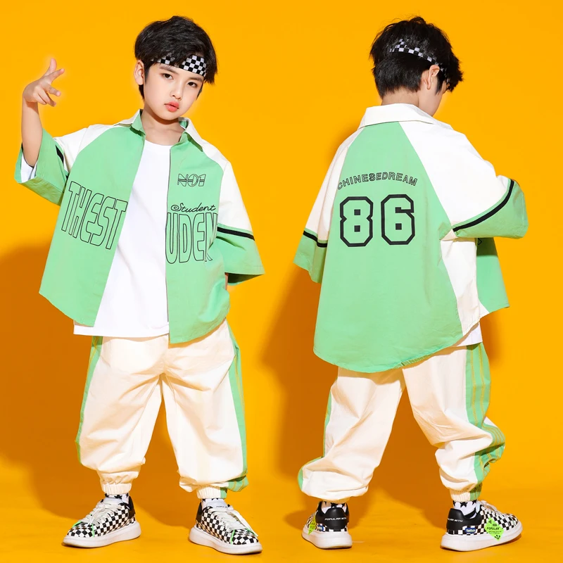 Teen Boys Dance Clothes Hip Hop Loose Green Tops Pants Street Dance Clothing Girls Modern Dance Outfit Kids Jazz Costume BL8911