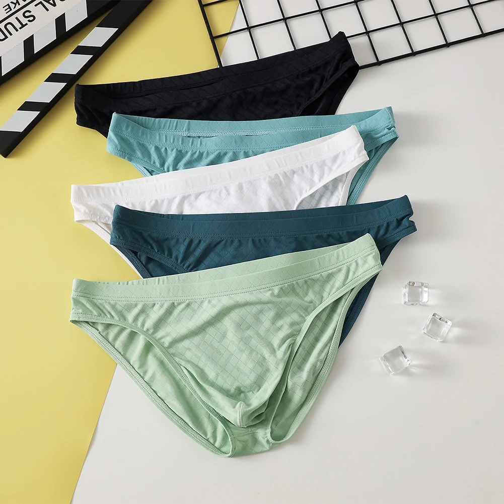 

Men's Ice Silk Briefs Transparent Triangle Pants Plaid Sheer Briefs LowRise Bulge Pouch Breathable Underwear Panties