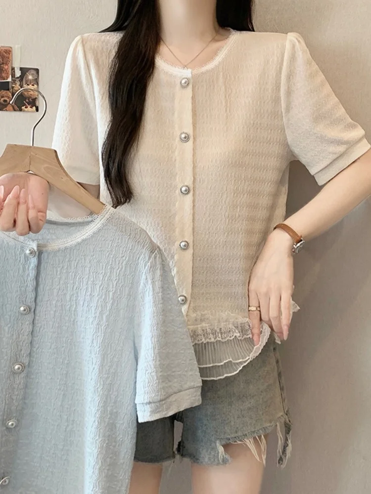 

plus Size Summer Fashion Sweet Lace Trim T-Shirt Lightweight Loose Slimming Short Sleeve Top Splice Design Breathable Skin-Fr...