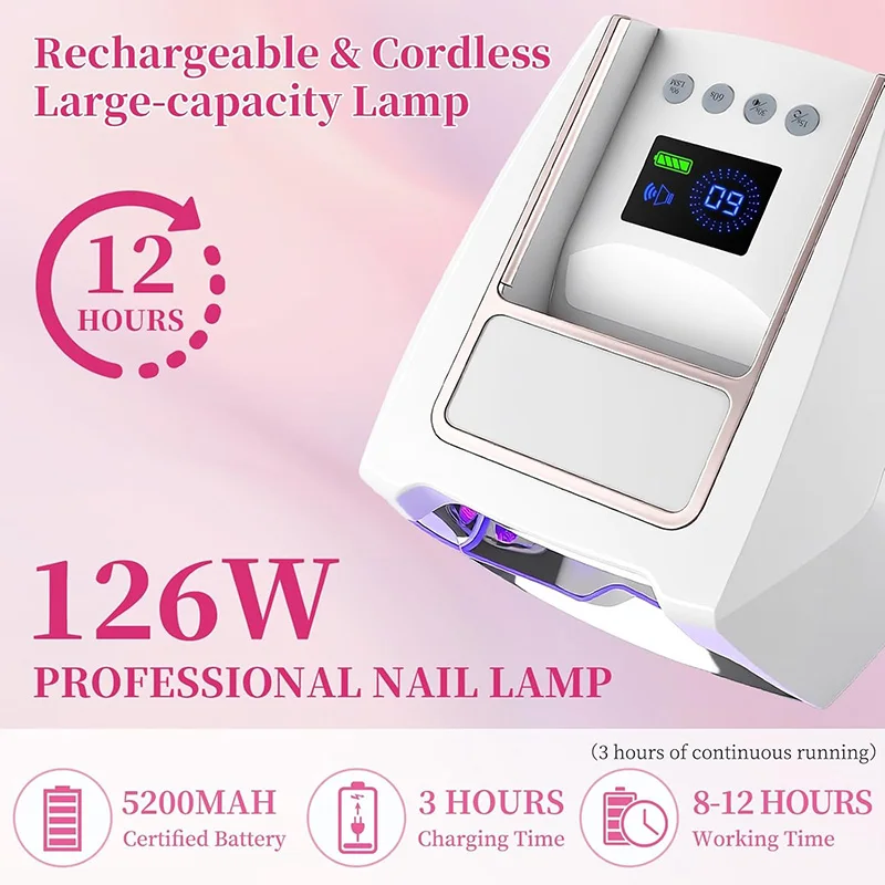 2026 New 126W/72W Rechargeable Nail Lamp Wireless Gel Polish Dryer Pedicure Machine Cordless Nail Art Lamp