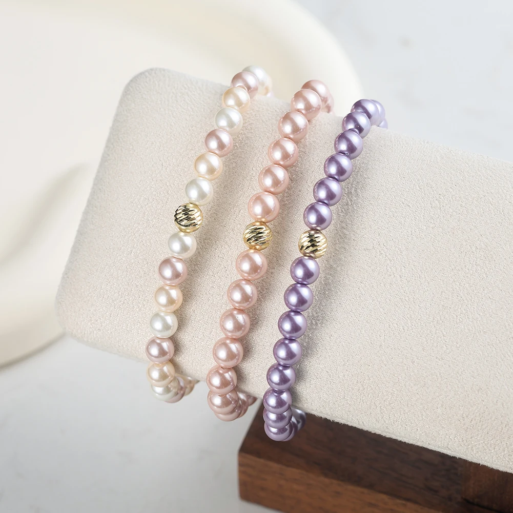 

Kiss Mandy Natural Shell Beads Bracelet for Women Gold Plated 14K Beads Jewelry Stackable Dainty Adjustable Bracelets Gift PSB09